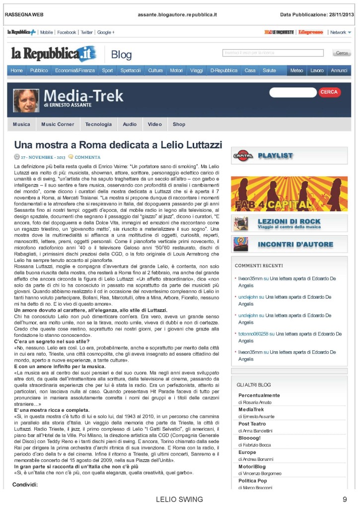 repubblica.it Media-Trek  Una mostra a Roma dedicata a Lelio Luttazzi